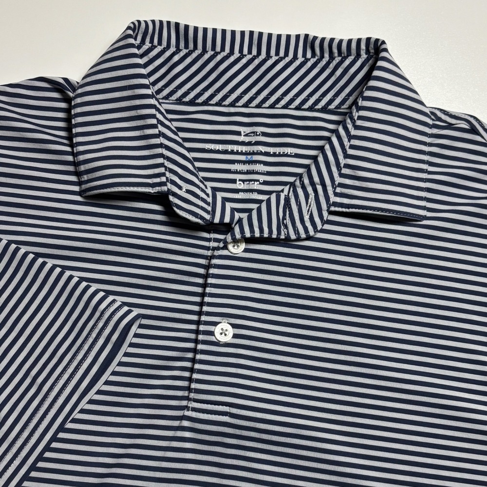 Southern Tide Performance Polo Men's Medium Navy White Striped Golf Shirt Preppy